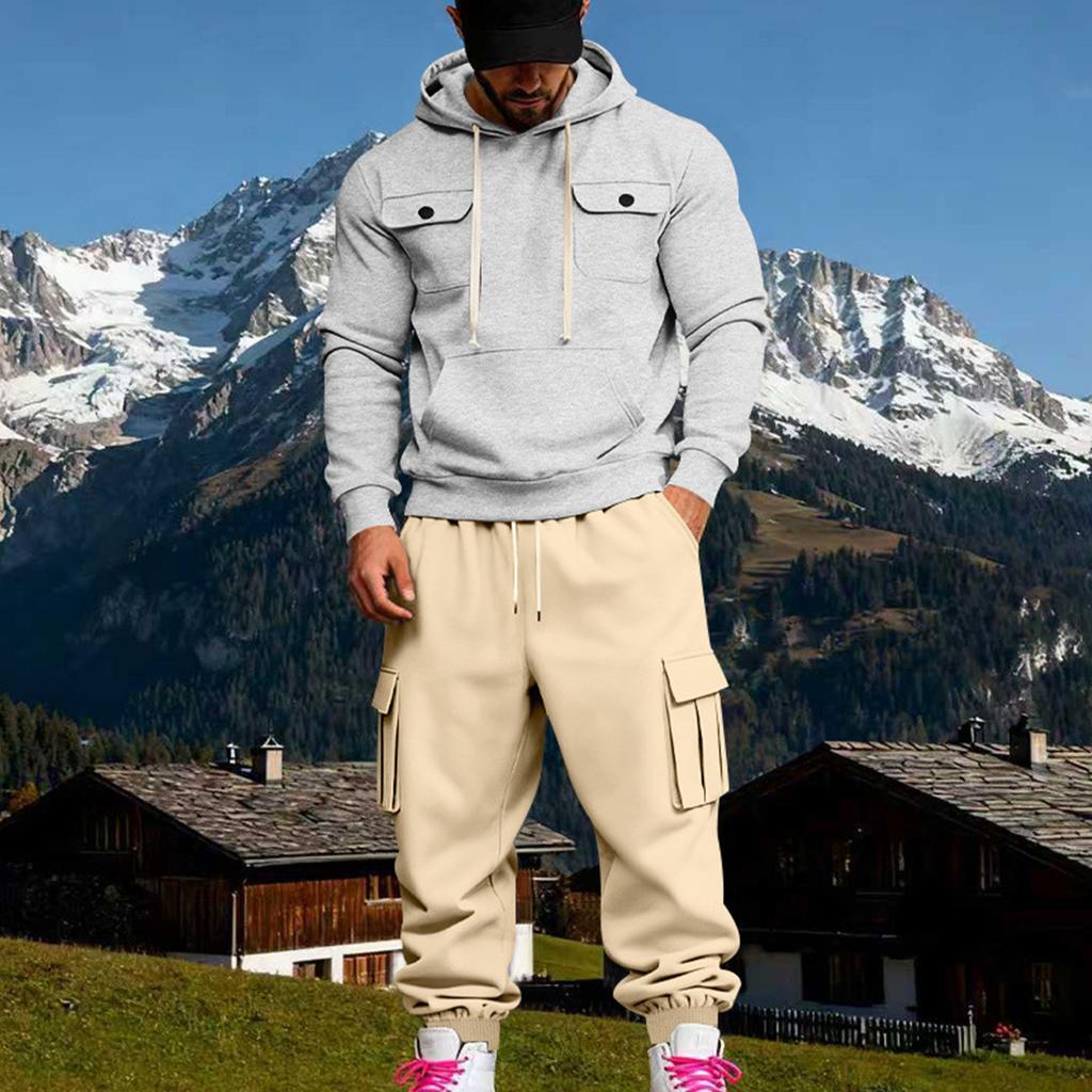 Men's Casual Loose Plus Velvet Outdoor Workwear  Hooded Sweatshirt And Sweatpants Suit