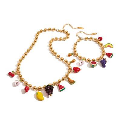 Women Cute Multicolor Fruit Enamel Pendant Necklace Gold PVD Plated Stainless Steel Bead Chain Waterproof Choker