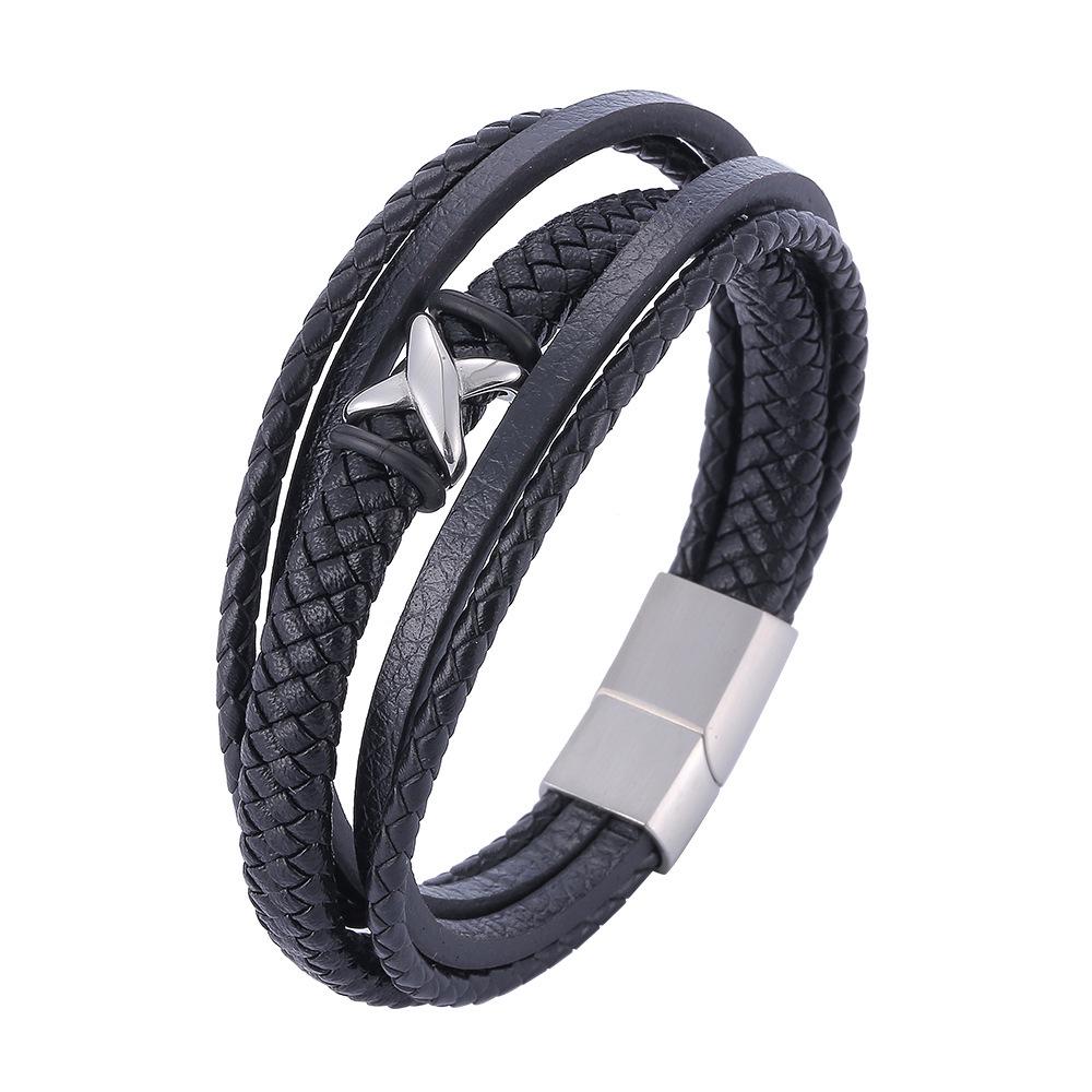 Trendy European American Multi-layer Woven Leather Bracelet with Stainless Steel Magnetic Buckle