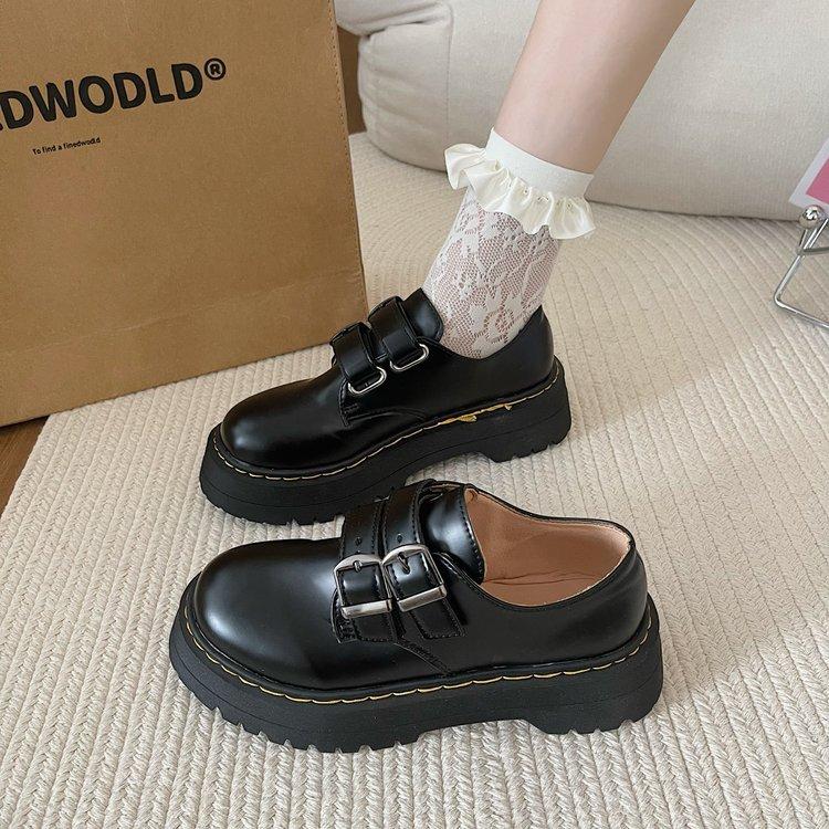 

Black small leather shoes women s 2025 autumn new British style retro platform heightening jk single shoes belt buckle loafers 40