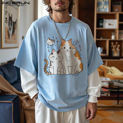 Oversized Men Sping Long Sleeve Cute Cartoon Print Casual Patchwork Tops