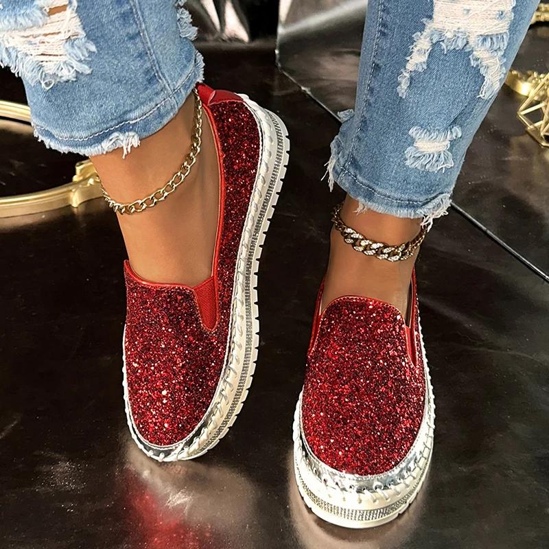 Women's Rhinestone Flats Comfort Thick Sole Slip on Casual Shoes Woman Fashion Gold Silver Glitter Platform Loafers