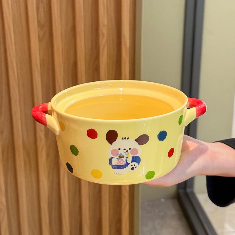 Cream Wind Tableware Cute Ceramic Instant Noodle Bowl with Lid Binaural Soup Bowl Instant Noodle Bowl for Student Dormitory