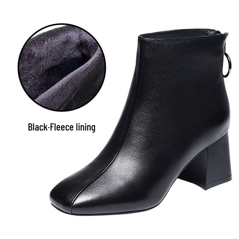 Damskor, Ankelboots med Tjock Klack, Äkta Läder, Mjuk Bomullsfodrade, Med Sammet, Vinter 2025 Nytt Martin-stil.