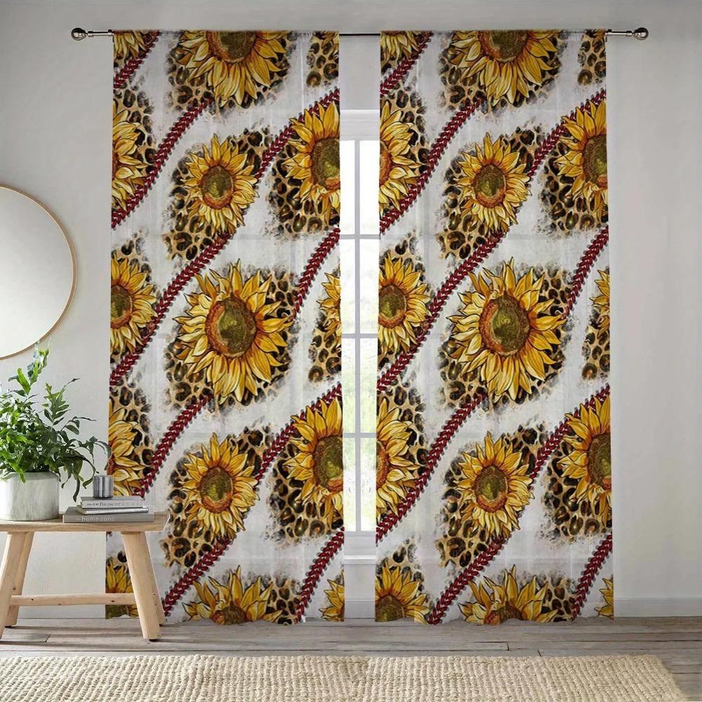 Modern Simplistic Style Sunflower Print Drapes for Living Room Bedroom Decor Rod Pocket Semi-Sheer for Windows Decorations