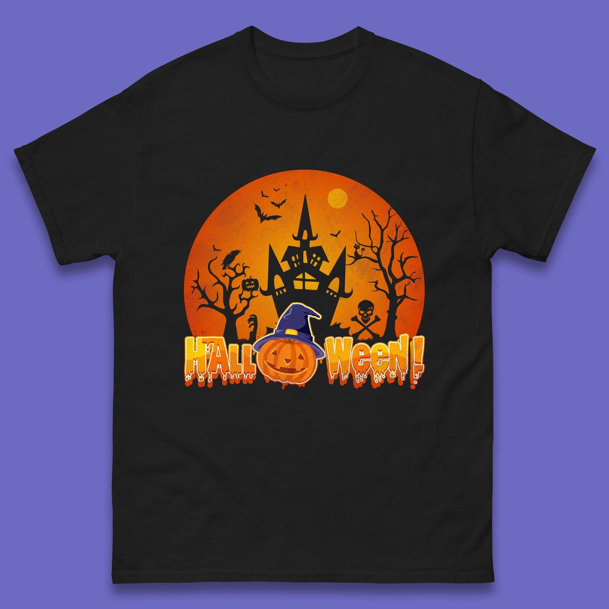 Halloween Pumpkin Witch Hat Haunted Castle Flying Bats Skull Bones Scary Dark Night Mens Tee Top L