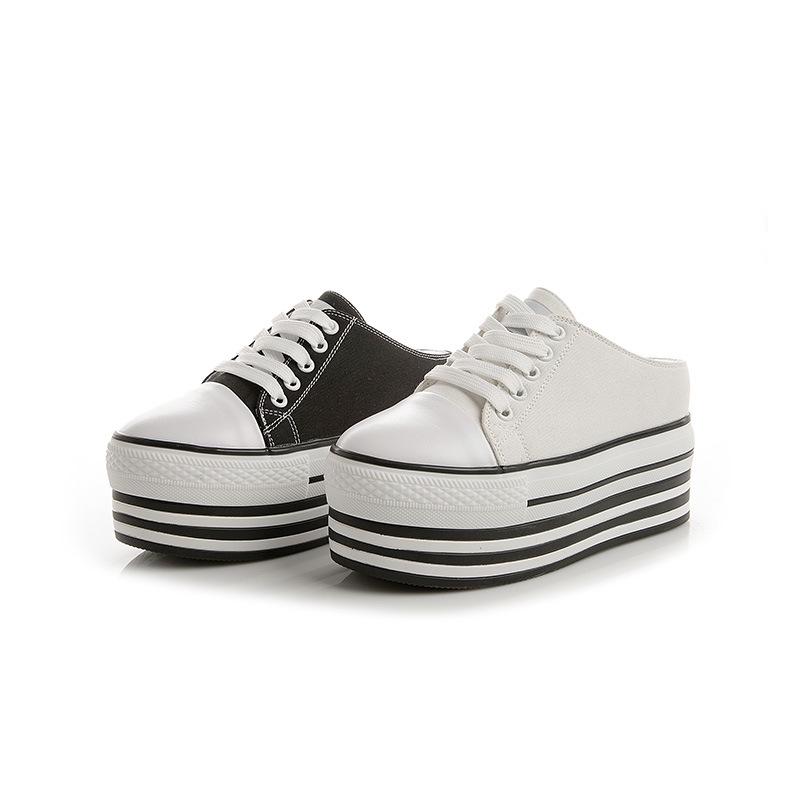 New Women's Height-Enhancing Canvas Slippers: Round Toe, Lace-Up, Thick-Soled Casual Shoes for Spring & Summer