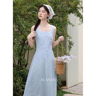 Luxiangnan 'Butterfly Whisper' French Gray-Blue A-Line Vest Dress