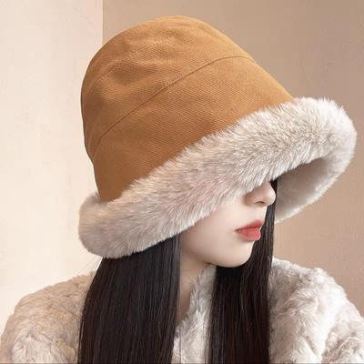 Women Autumn Winter Japanese Versatile Net Red Plush Lamb Hat Casual Wide Brim Warm Plush Pot Hat EMA