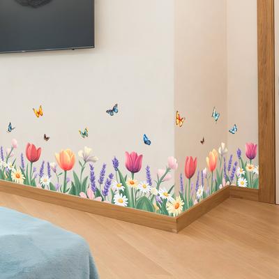 Tulip Butterfly Skirting Board Wall Stickers, Bedroom and Living Room Corner Decoration Stickers, Home Wall Beautification