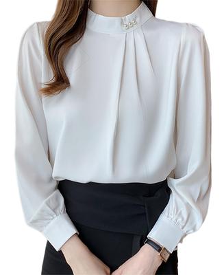 Lalapala Long Sleeve Shirt Blouse with Pearl and Stylish and Loose and Versatile for and Women's Stand-Up Collar, Elegant, Fit, Flattering, Office,