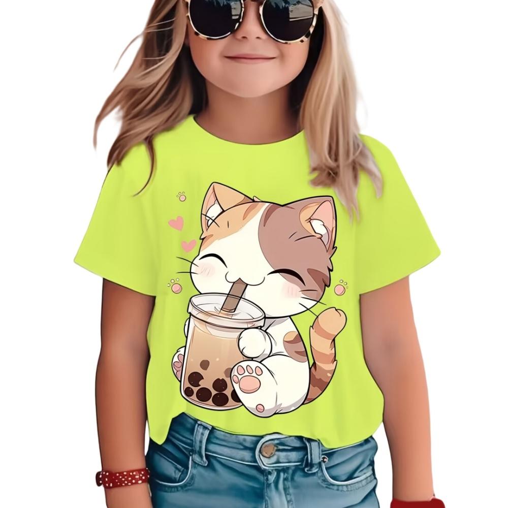 2025 New Girl's T-shirt Fashion Dolphin Children's Clothing Summer Girl's Clothing Cartoon Top Cute Cat Printed T-shirt Children's Clothing