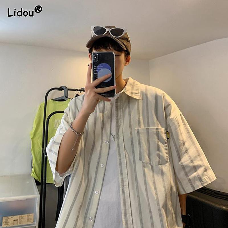 Streetwear Shirts Fashion Casual Striped Loose Handsome Turn-down Collar Elbow Sleeve Summer Man Button Pockets Men's Clothing