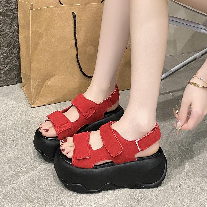 Fashion Platform Beach Shoes Suede Leather Round Head Peep Toe Hook & Loop Thick Bottom Casual Sandals Top Quality