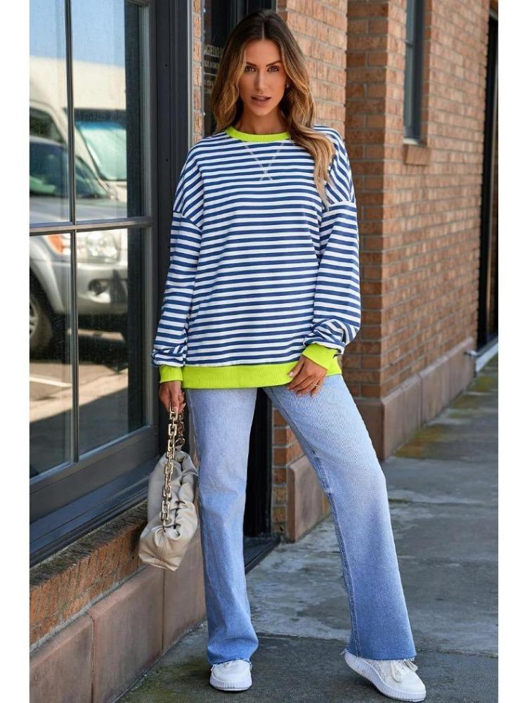 Dámská ležérní nadměrná pruhovaná mikina volného střihu pulovr top s dlouhým rukávem kulatým výstřihem pohodlný svetr tričko