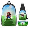 Animation Backpack, Super Mary Primary School Student Print Children'S Backpack Satchel Pencil Case Three-Piece Set