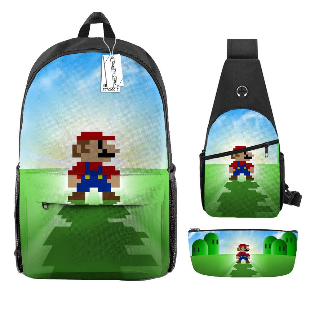 Animation Backpack, Super Mary Primary School Student Print Children'S Backpack Satchel Pencil Case Three-Piece Set