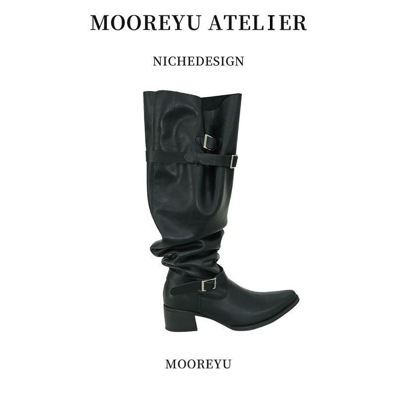 Cowhide version of super fire boots women's pants tube boots thick heel black but knee pile boots big tube circumference high heel knight boots