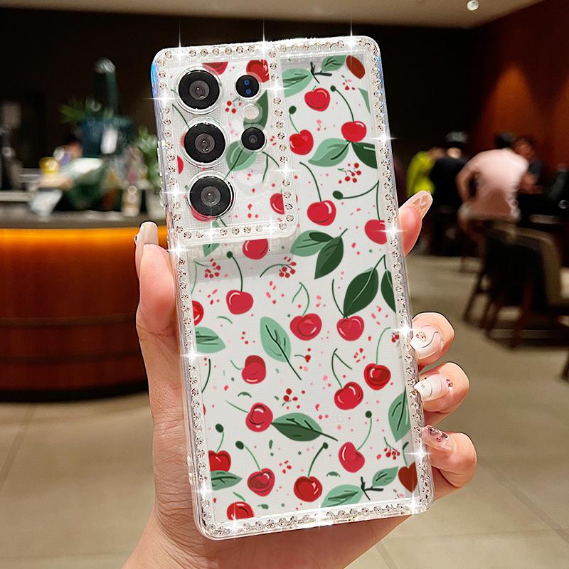 Luxus Kirschfrüchte Muster Diamant Hülle Für Samsung Galaxy S25 Ultra S24 Plus S23 S22 S21 FE A14 A15 A16 A25 A26 A35 A36 A54 A55 A56 5G Cover