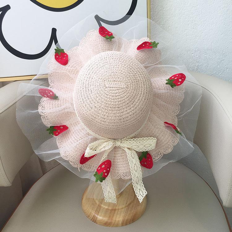 Girls Summer Straw Sun Hat With Pearl Lace Wide Brim Baby Beach Shade Cap Stylish UV Protection Outdoor Headwear