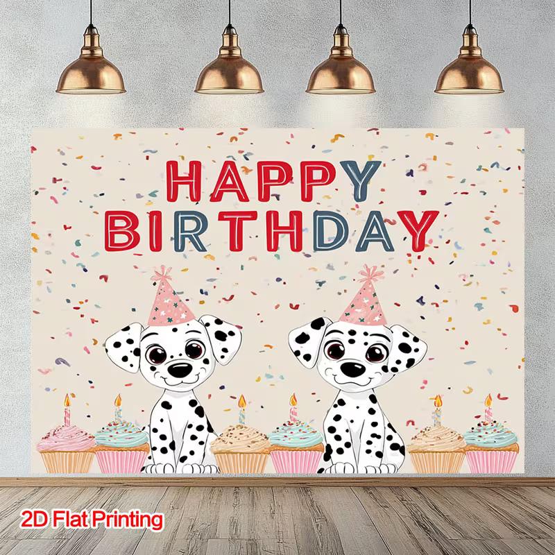

2D Dalmatian Dogs Happy Birthday Backdrop with Confetti & Cupcakes 47.2x31.5inch/120*80cm