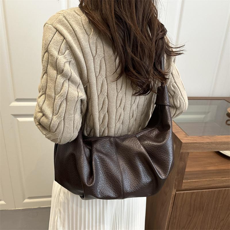 Vintage Pleated Design Women PU Shoulder Hobos Bags Solid Color Versatile Ladies Crossbody Bag Large Capacity Female Casual Tote