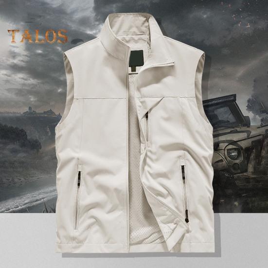 Pánská vesta stojáček límec bez rukávů vesta se zapínáním na zip kabát s velkými kapsami jednobarevná outdoorová rybářská vesta