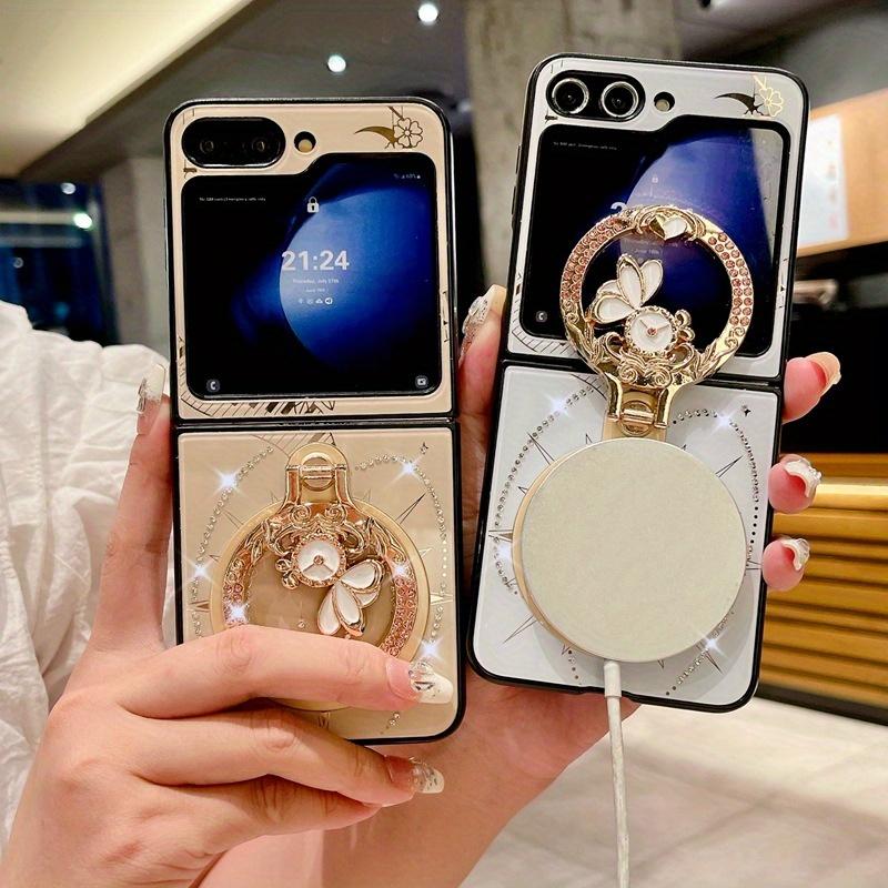 Magnetic Kickstand Cute Bling Glitter Marble Floral Elegant Phone Case for Samsung Galaxy Z Flip 7 6 5 4 Flip6 Flip5 Flip4 Cover