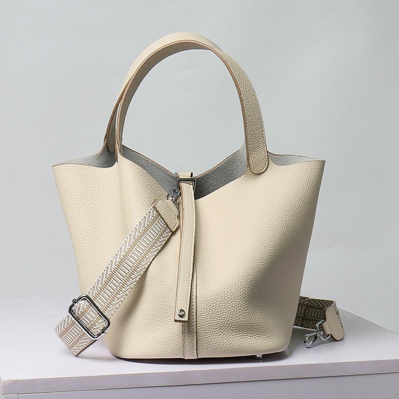 Leichter Luxus Echte Rindsleder Korb-Stil Eimer Tasche Neu für Damen Silberfarbener Schlossverschluss Oberer Griff Handtasche, KEIN LOGO