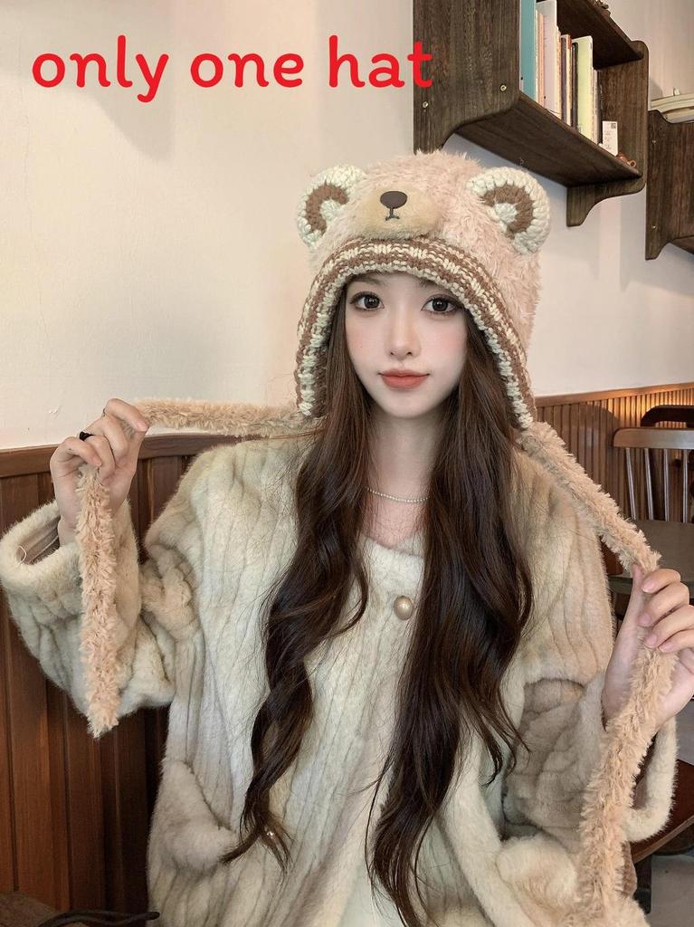 Knitted Bear Earmuff Hat For Women With Warmth And Windproof Features For Autumn And Winter