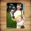 HD Metal Tin Sign Cute Japanese Girl In Yellow Ruffle Bikini with Blue Hair Retro Metal Wall Art X Inch