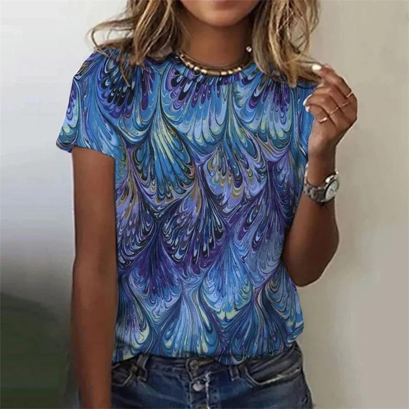 Summer Fashion Women's T-Shirt Peacock Feather 3D Printed Short Sleeve Tops Girl Loose Casual Loose Oversize Outdoor Clothing