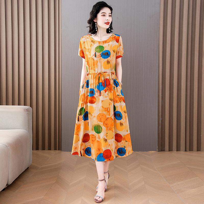 Women's Short Sleeve Midi Dress Round Neck Mid Rise Casual Floral Print A-Line Dress