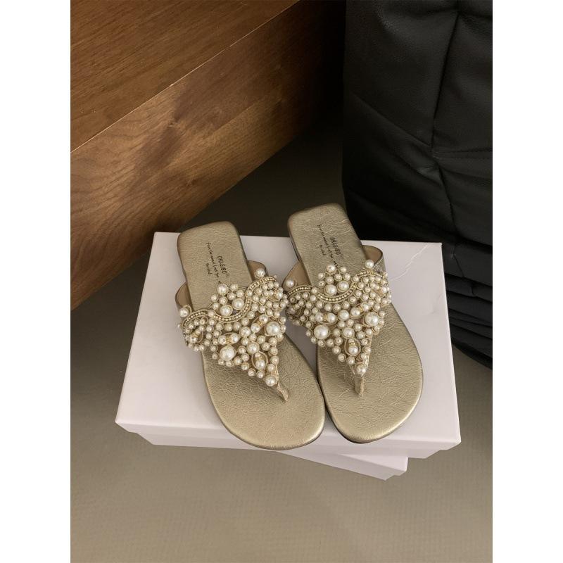 2025 spring and autumn new pearl rhinestones wave wind toe sandals women's flat bottom outside fairy style French