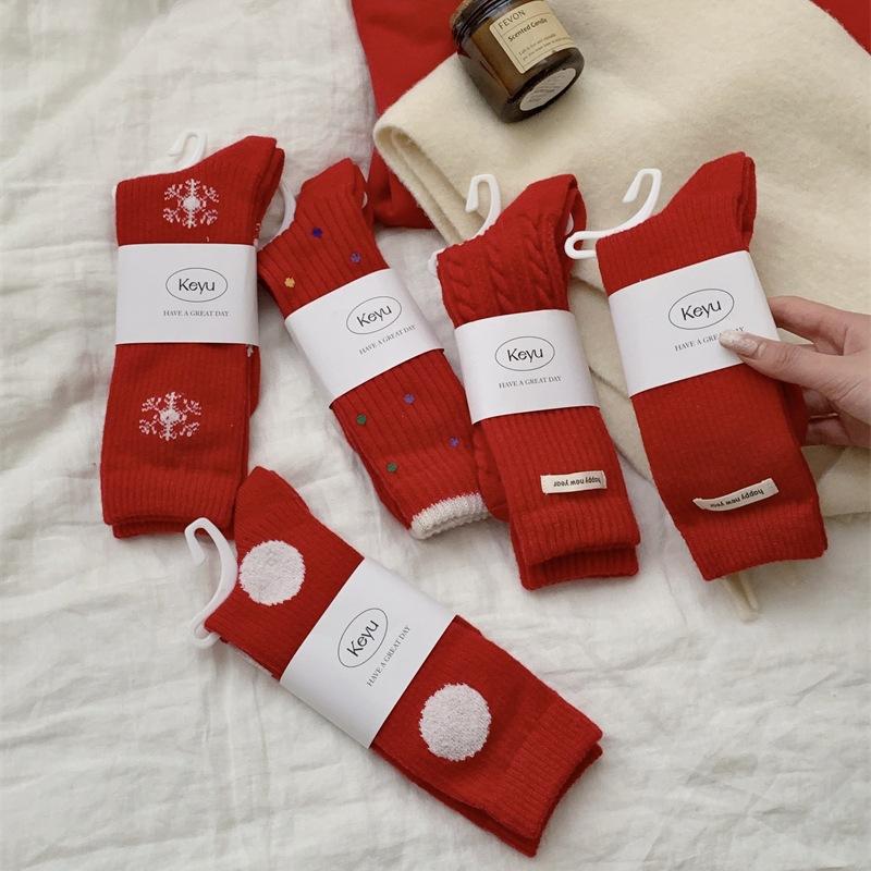 "New Year Christmas Red" Big Red Socks, Women's Fabric Label Mid-calf Socks, Autumn and Winter Big Polka Dot Twist Pile Socks, Long Socks