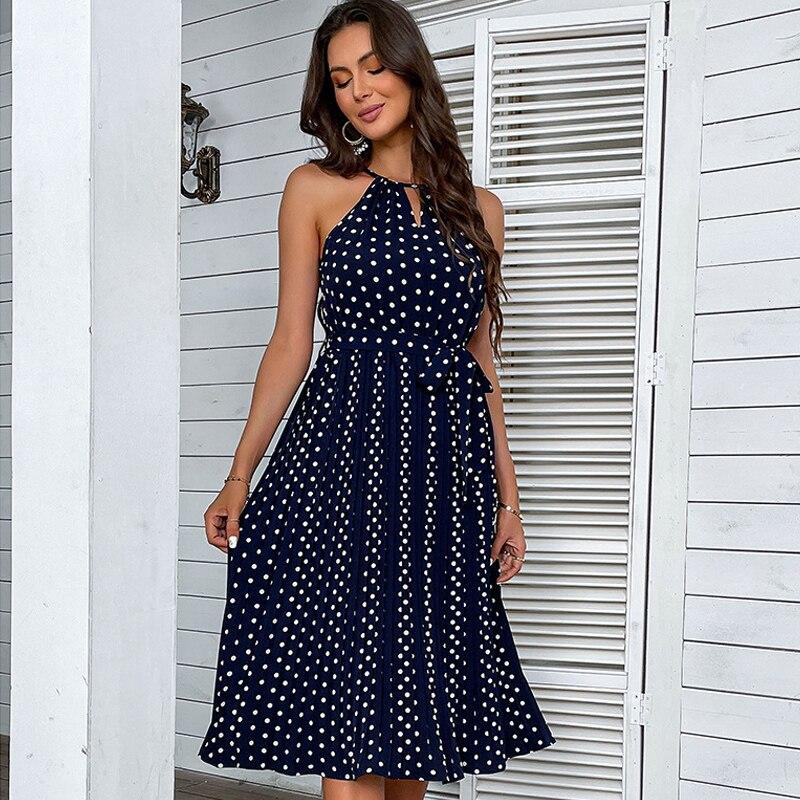 Elegant Halter Sleeveless Party Dress Women Sexy High Waist Floral Printed Lace-up Ladies Dress Casual Slim Robe Longue 26314