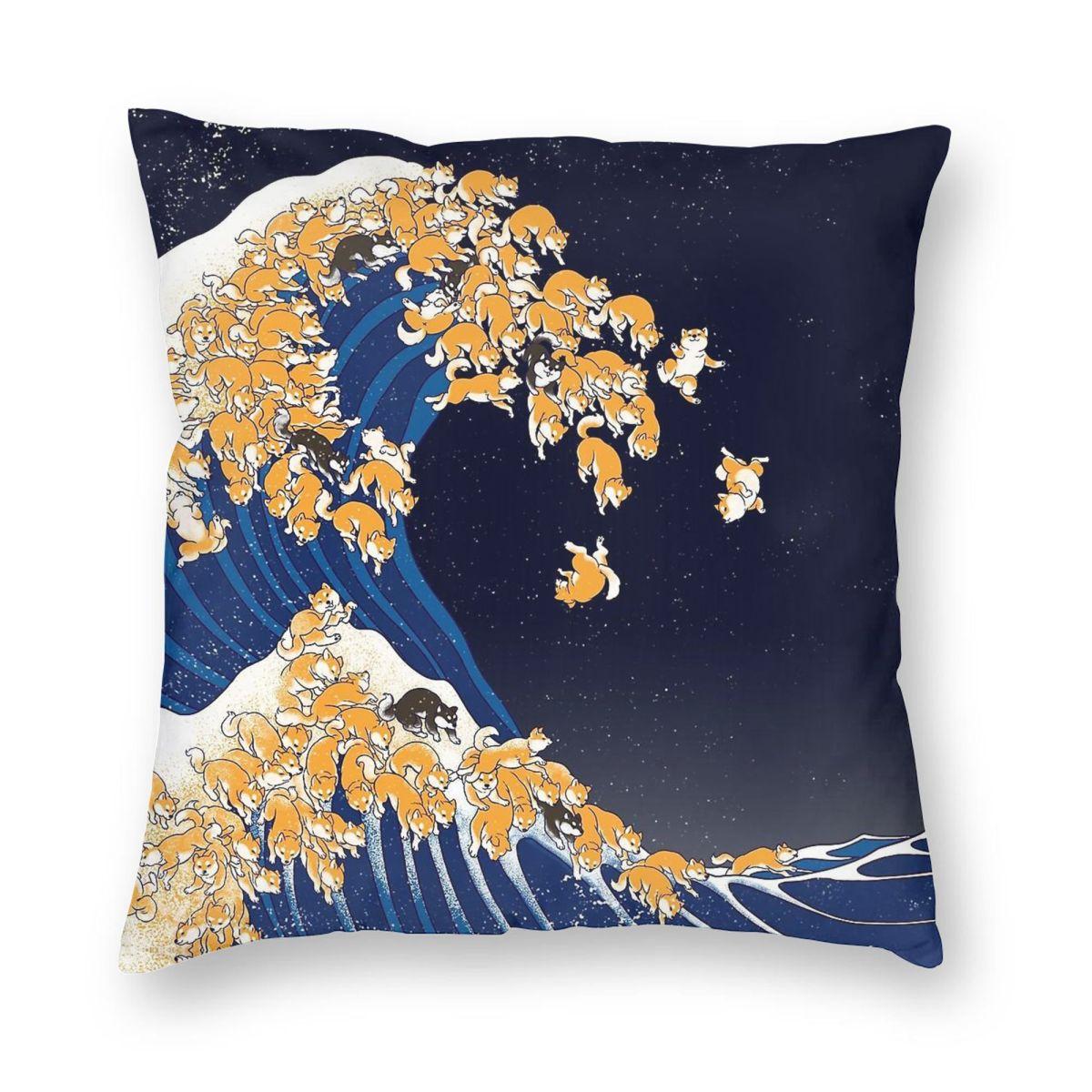 Shiba Inu The Great Wave In Night Square Pillowcase Polyester Linen Velvet Printed Zip Decorative Pillow Case Home Cushion Cover 40x40cm