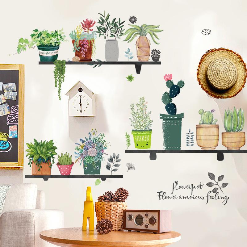 DIY Self-Adhesive Wall Stickers Green Potted Plants Decor for Living Room Bedroom Peel Stick Vinyl Art