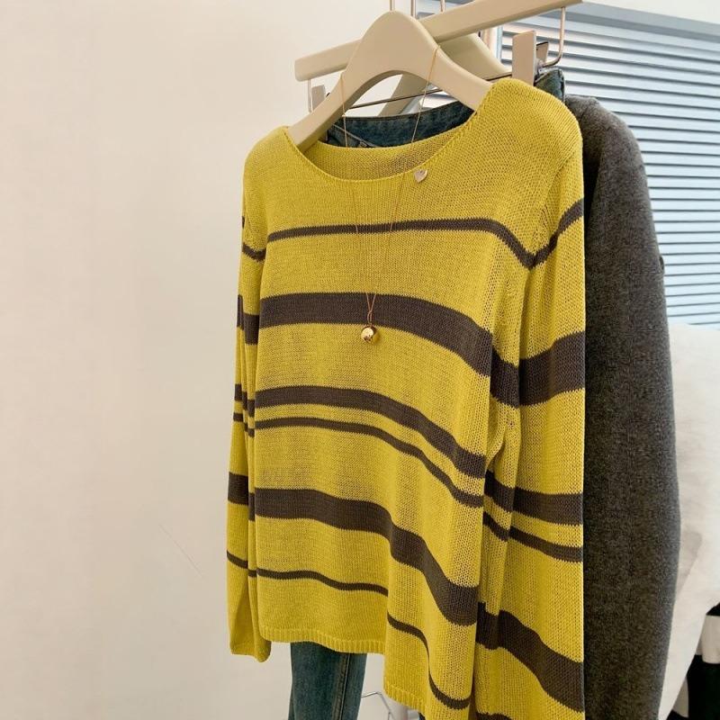 Lazy wind crew neck autumn and winter pullover striped knitted sweater women's sunscreen blouse long-sleeved shirt air-conditioning shirt