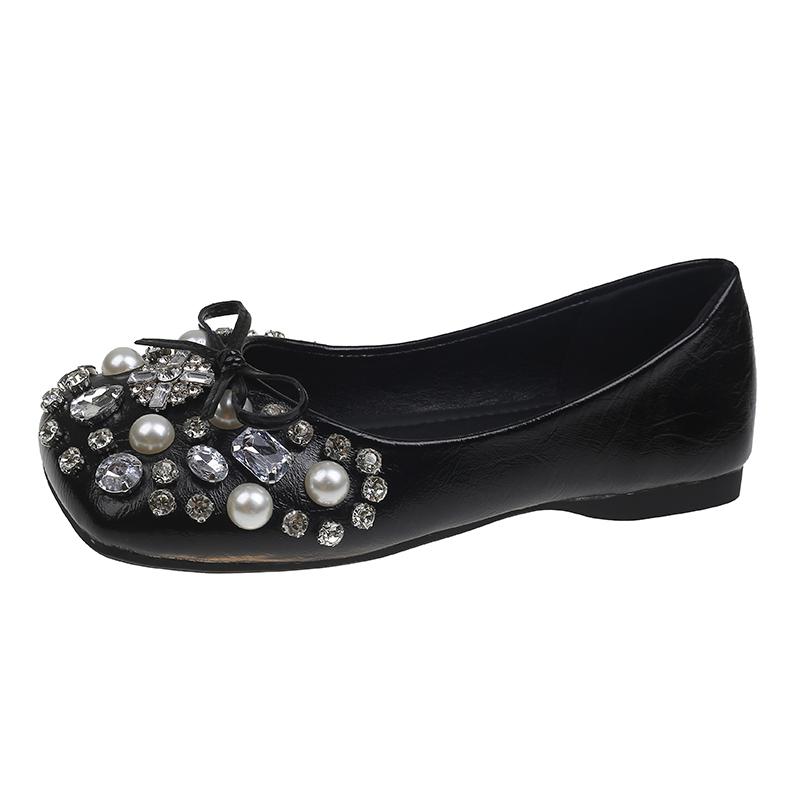 Fashion Crystal Pearl Women Square Toe Flats Shoes Bow Loafers Casual Sandals 2025 Trend Sneakers Summer New Cozy Woman Zapatillas Mujer