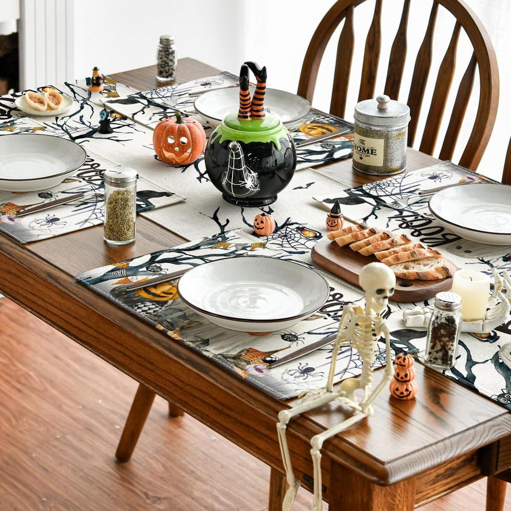 Ghost Pumpkins Tree Dog Boo Halloween Placemats Set of 6, 12x18 Inch Seasonal Fall Holiday Table Mats for Party Kitchen Dining Decoration