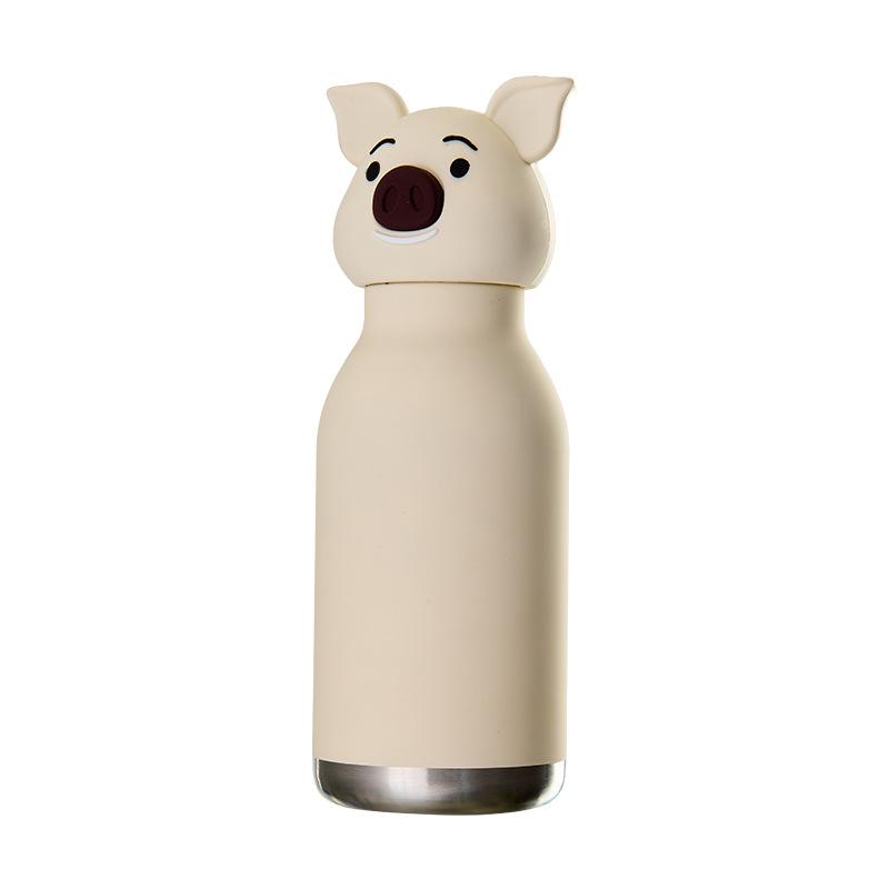 Insulated Stainless Steel Water Bottle with Detachable Soft Animal Head Fun Drinking For Kids with Flexible Reusable Straw (Pig)