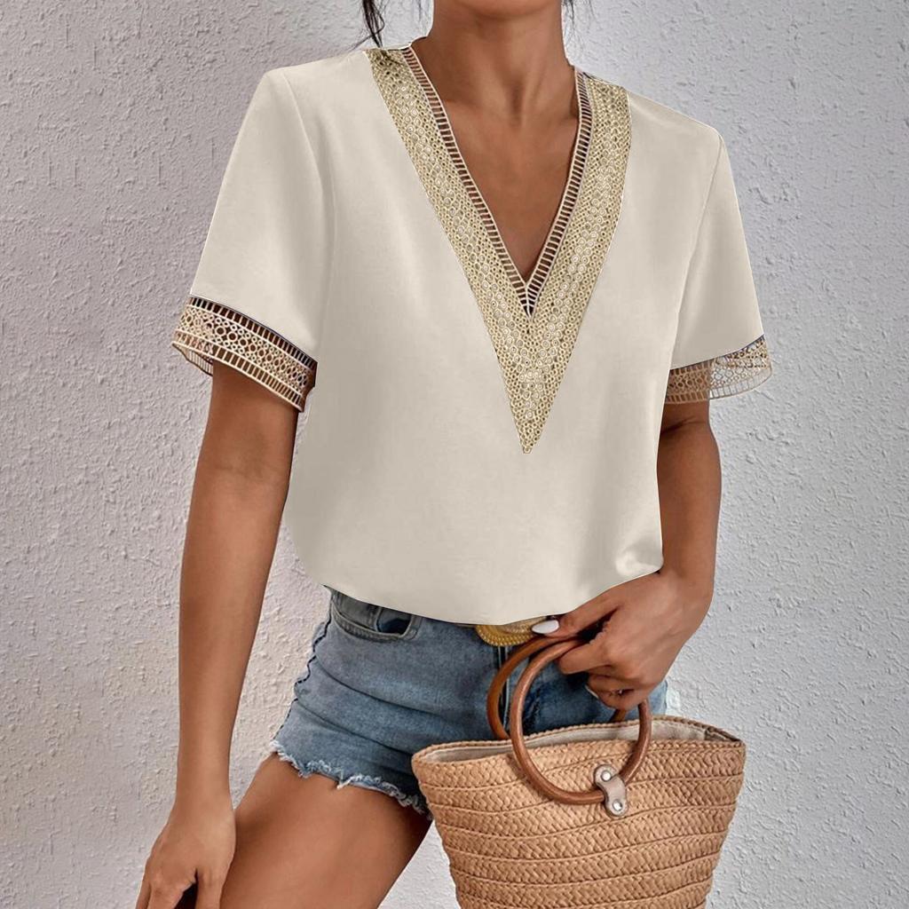 Women's Fashion Solid Color Loose T-shirt Lace Lace Short Sleeve Chiffon Top