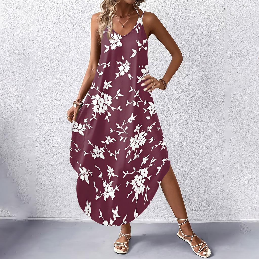 Women V Neck Floral Print Sleeveless Maxi Dress with Pockets Loose Fit Summer Beach Long Dress for Casual Wear