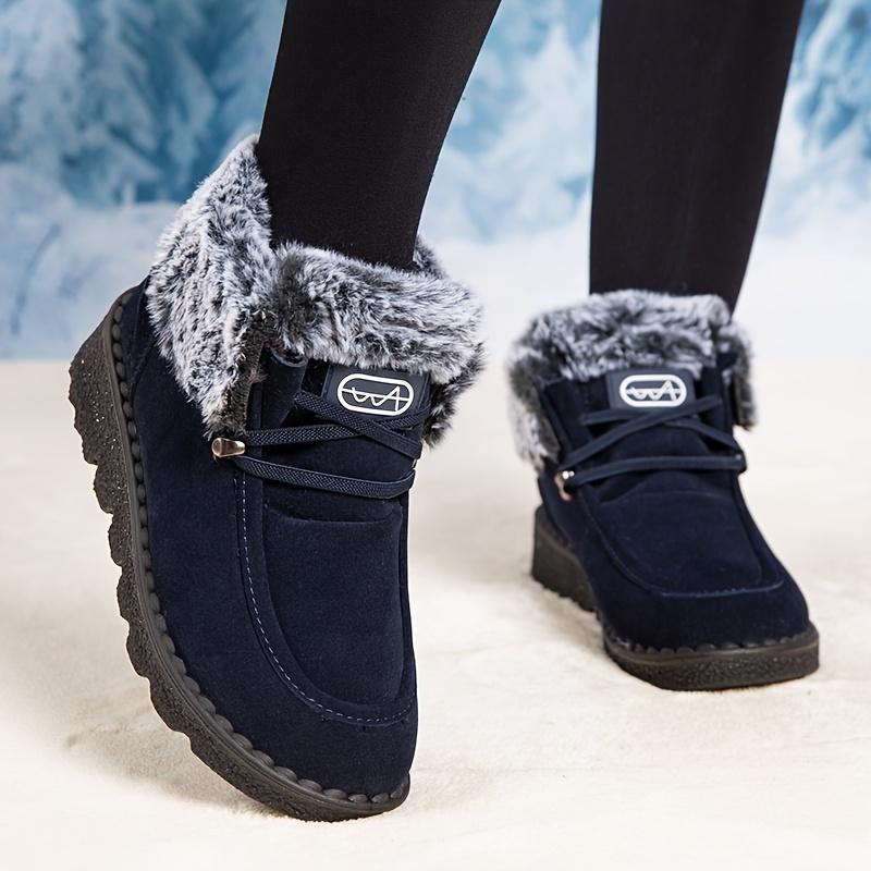 Women'S Winter Ankle Boots - Cozy Fleece-Lined Round Toe Lace-Up Boots with Thick Sole, Black & Gray Plush Design, for Cold Weather