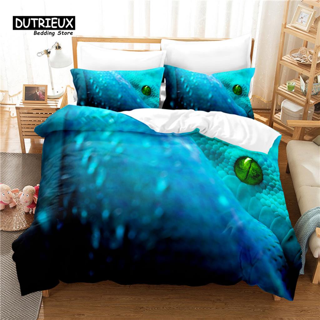 Stylish Elegant 3pcs 3D Green Snake Soft Comfortable Breathable For Bedroom Guest Room Decor Quilt