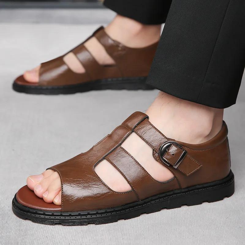 Summer Men Cozy Hollow Non-slip Soft Cool Lighted Breathable All-match Classic Wearable Fashion Casual Leather Sandals