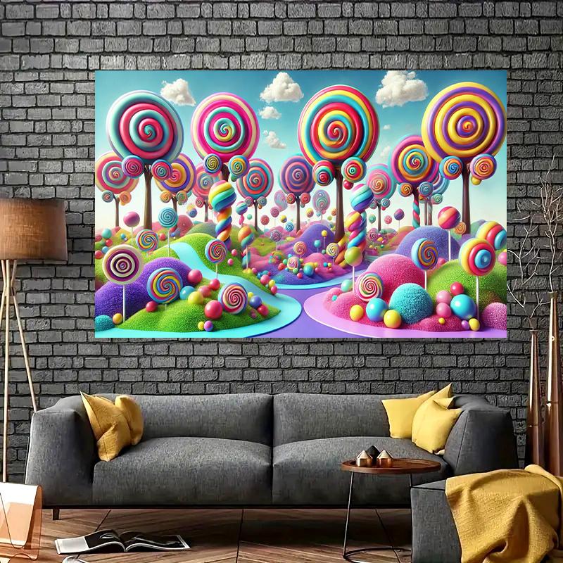 A dreamy candy-themed background banner made of polyester, suitable for various party decorations both indoors and outdoors.