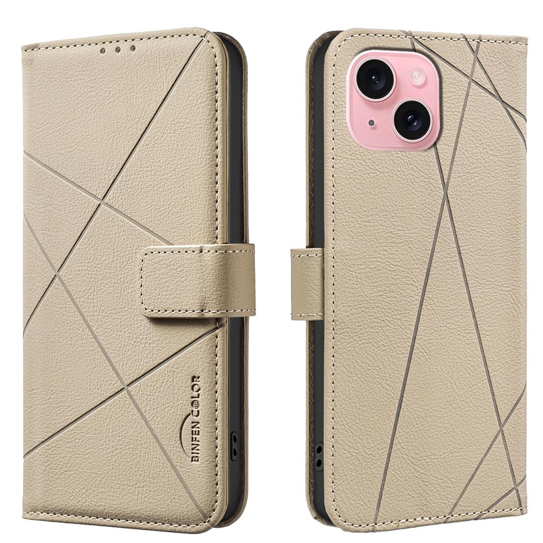 

For iPhone 15 Case BINFEN COLOR BF35 Geometry Imprinted Leather Phone Cover RFID Blocking Wallet Stand Beige