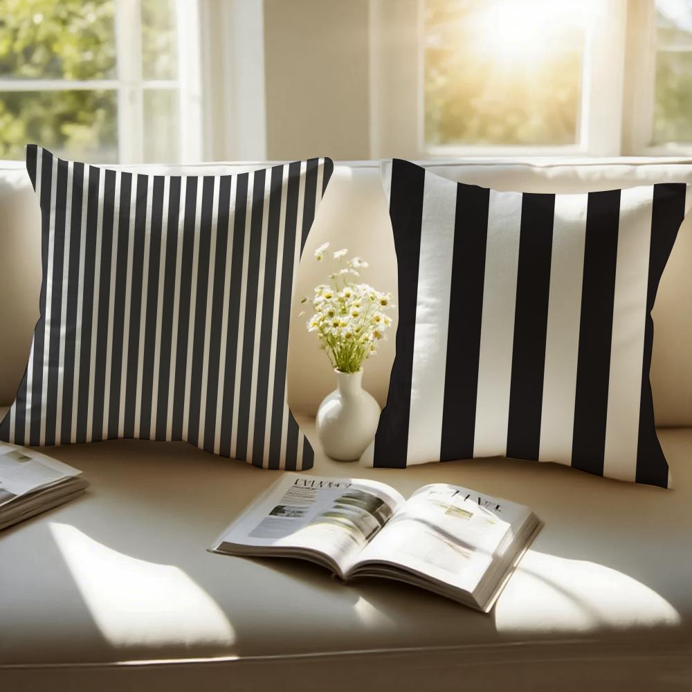 bBlack White Stripe Minimalist Cushion Cover Pillowcase Antidustmite Invisible Zipper Short Plush Sofa Cushion